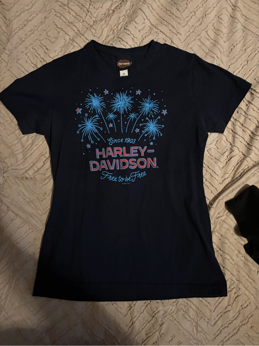 Harley-Davidson womens Navy Blue Graphic Tee - Fireworks Print